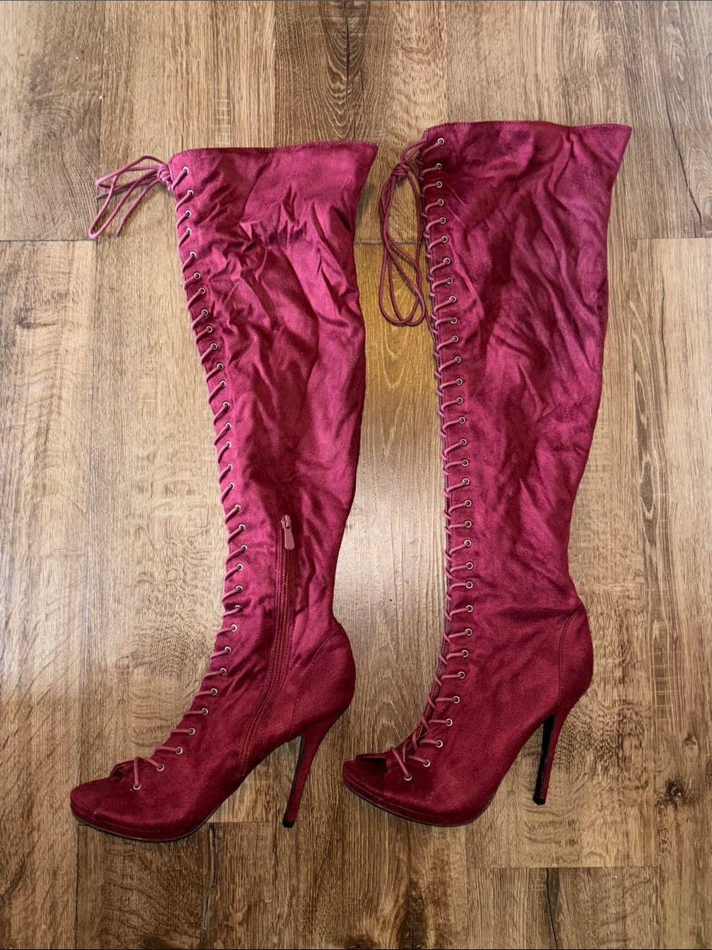 Women’s Over-the-Knee Lace-Up Peep-Toe Stiletto Boots - Burgundy